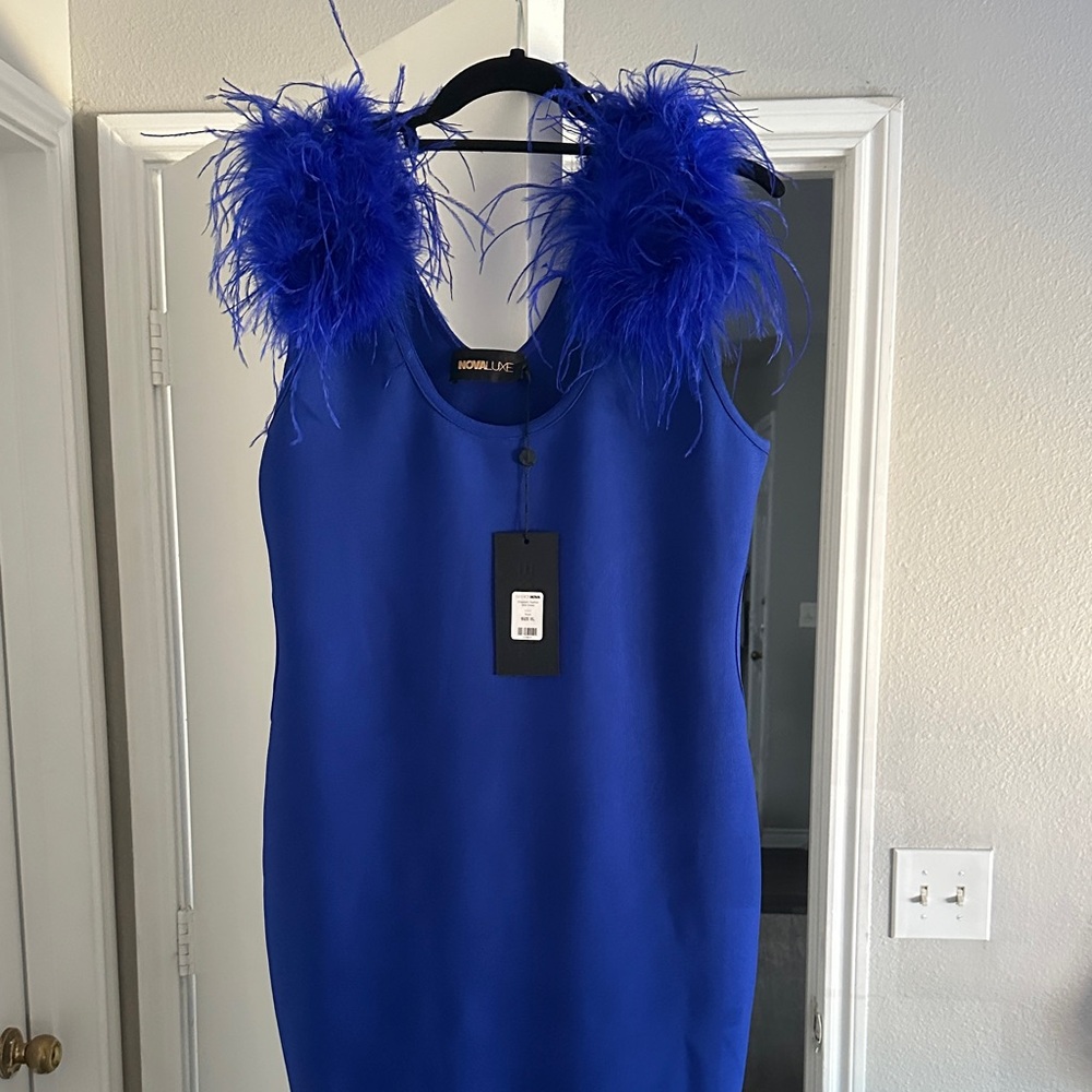FAVLUX Vibrant Blue Feathered Mini Dress